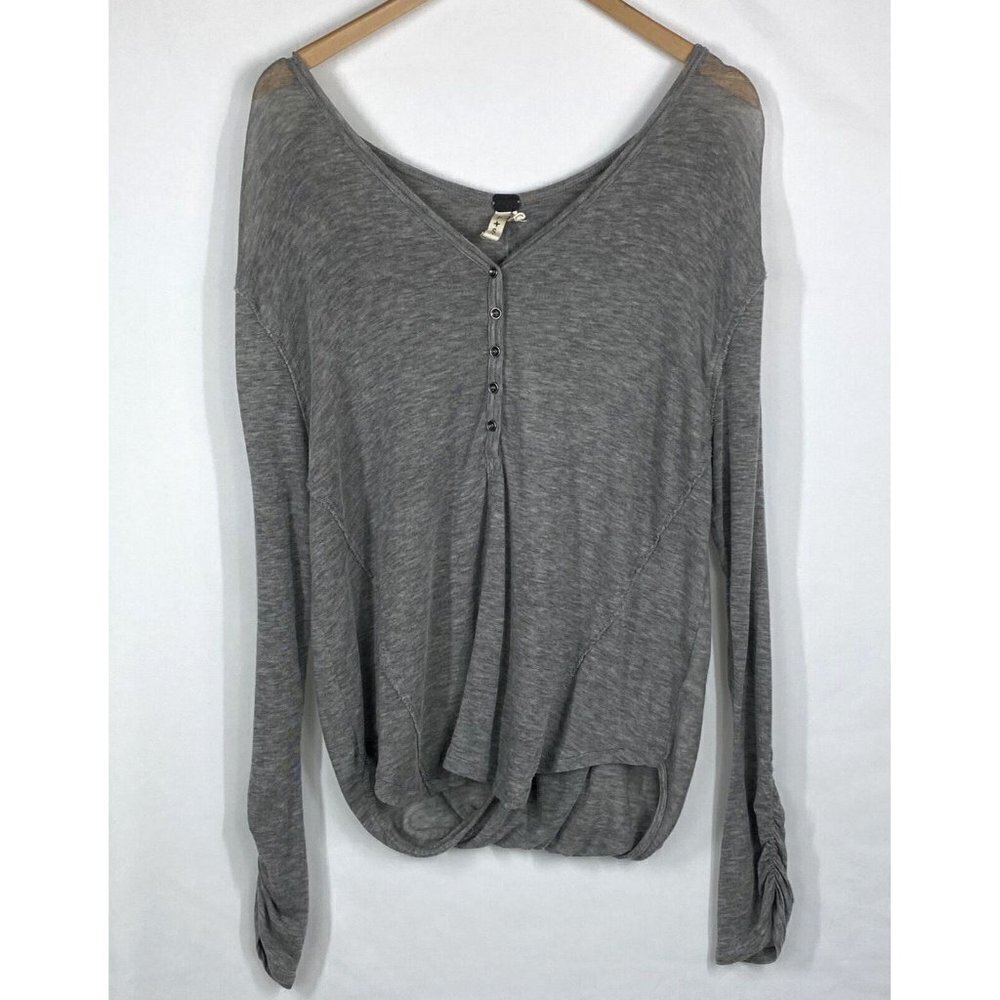 We The Free Gray Henley Open Back V Neck Long Sleeve T Shirt Tencel Size S